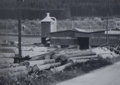 Ein Bild mit gesägten Baumstämmen am alten Sägewerk aus der Historie von Häberlen-Börsig von 1939